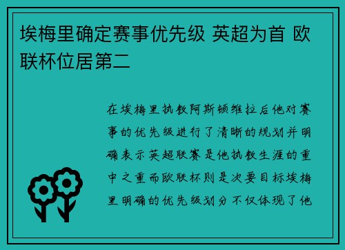 埃梅里确定赛事优先级 英超为首 欧联杯位居第二